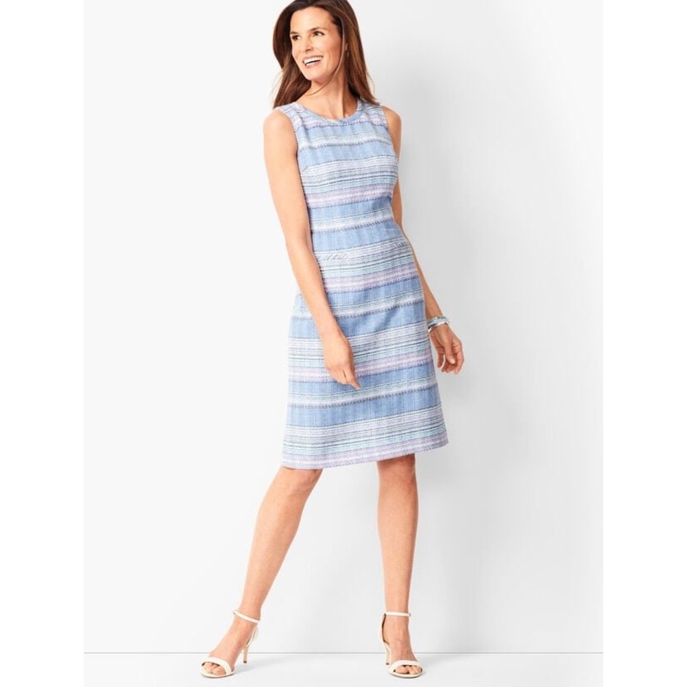 Talbots Petite Blue Tweed Sleeveless Shift Dress Pockets 2P VN4889